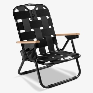 CleverMade Kove Midnight Black Beach Camping Chair, Hands Free Carrying Strap + Real Wood Handles & 2 Cup Holders, Foldable Reclining Low Profile Collapsible Lawn Chair, Holds 300 lbs(Black)