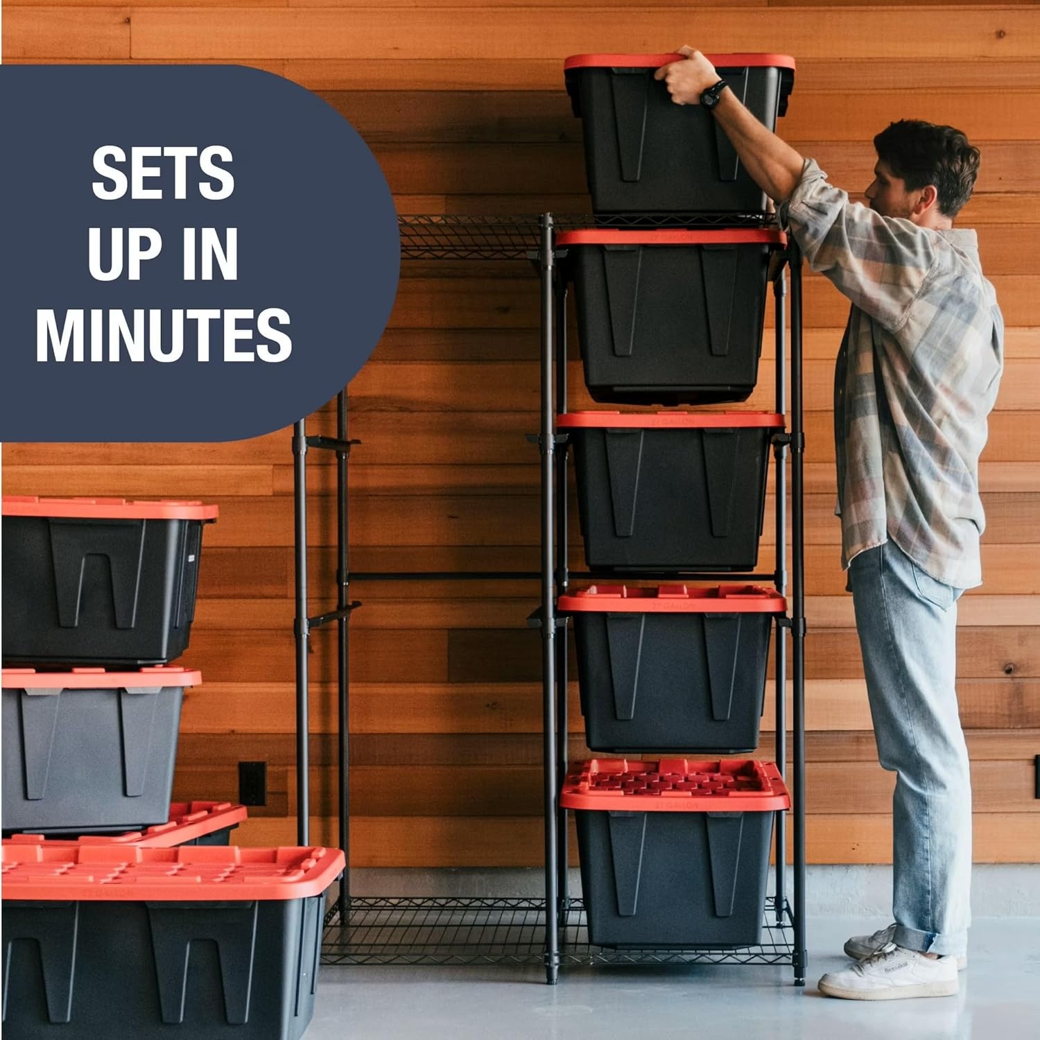 image:imageCleverMade Tote Tower Single 5Tier HeavyDuty Organizer Rack for 27 Gallon Storage Totes Garage Storage Shelving Unit Vertical Bin Rack for Pantry Laundry Room amp Shed BlackFull