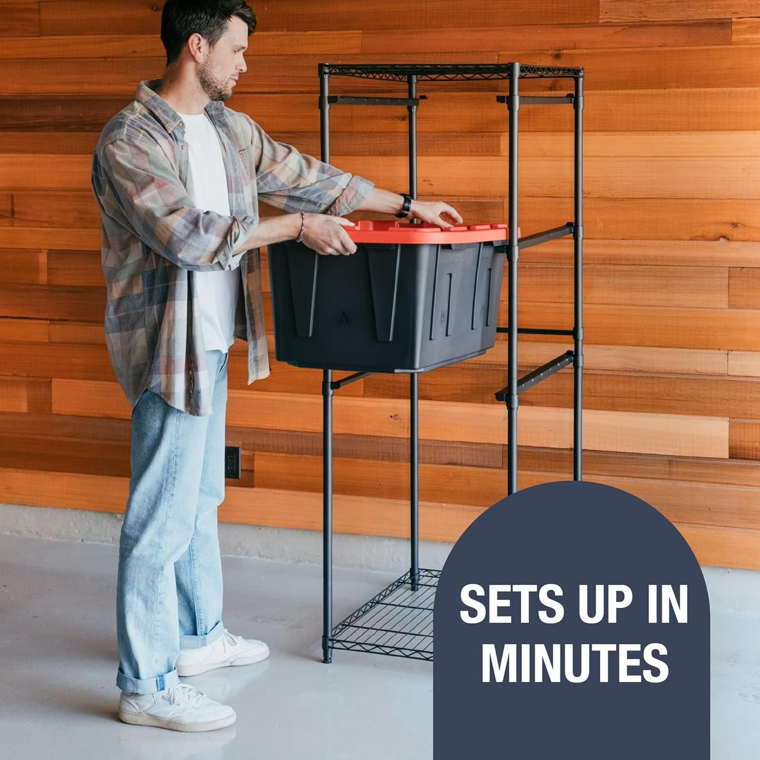 image:imageCleverMade Tote Tower Single 5Tier HeavyDuty Organizer Rack for 27 Gallon Storage Totes Garage Storage Shelving Unit Vertical Bin Rack for Pantry Laundry Room amp Shed BlackSingle