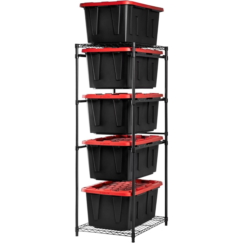 image:imageCleverMade Tote Tower Single 5Tier HeavyDuty Organizer Rack for 27 Gallon Storage Totes Garage Storage Shelving Unit Vertical Bin Rack for Pantry Laundry Room amp Shed BlackSingle