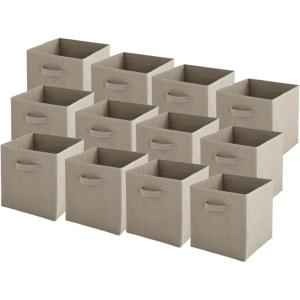 Box and beyond – Lot de 12 Paniers de Rangement – 27 x 27 x 27cm – Tissu Jaune – Pliables – Avec Poignées – Rangement, Déco – Chambre, Salon, Bureau – Style Moderne(Taupe)