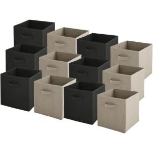 Box and beyond – Lot de 12 Paniers de Rangement – 27 x 27 x 27cm – Tissu Jaune – Pliables – Avec Poignées – Rangement, Déco – Chambre, Salon, Bureau – Style Moderne(Noir et Taupe)