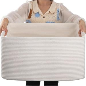 OIAHOMY Grand panier de rangement tissé avec poignée en corde de coton pour organiser 55,9 x 43,2 x 30,5 cm, panier à couvertures, salon, panier à jouets pour chambre d&rsquo;enfant, gris(Blanc)