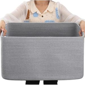 OIAHOMY Grand panier de rangement tissé avec poignée en corde de coton pour organiser 55,9 x 43,2 x 30,5 cm, panier à couvertures, salon, panier à jouets pour chambre d&rsquo;enfant, gris(Gris)