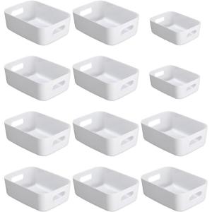 Panier de rangement en plastique,Lot de 12 paniers de rangement empilables avec poignées pour Cuisine,Placard,Bureau (Blanc)(Blanc)