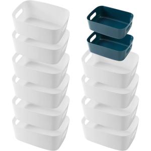 Panier de rangement en plastique,Lot de 12 paniers de rangement empilables avec poignées pour Cuisine,Placard,Bureau (Blanc)(Blanc et Bleu)