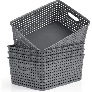 Winter Shore Panier Rangement Plastique Gris [Lot de 4] – Bacs Rangement Tissé pour Organiser Maison, Placard & Étagères de Cuisine, Buanderie, Chambre & Salle de Bain – 29 x 22,5 x 12 cm