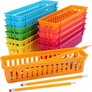 Belle Vous Panier de rangement en plastique pour organisateur de papeterie (12 pièces) – Organisateur en plastique Couleurs assorties – Porte-stylos/crayons pour salle de classe, bureau, maison