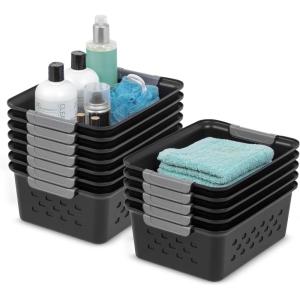 Iris Ohyama, Paniers d&rsquo;étagère en Plastique Polyvalent, Ouvert, Noir, 5L, Lot de 12, Empilable, Ventilation, Contenu Visible, pour Salle de bain, Jouet, Bureau, Armoire, Organisateur, sans BPA, OSB-S