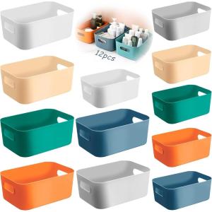 ZLPBAO 12pcs Panier de Rangement en Plastique, 2 Taille Panier de Rangement avec Poignées Bac Rangement Cuisine Caisse Organiseur Salle de Bain Bureau Placard