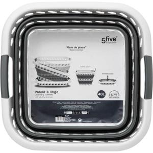 5five – Corbeille à Linge Pliable 40L – 2 Poignées Confortables – Panier à Linge Rétractable – Grande Capacité – Gris et Blanc