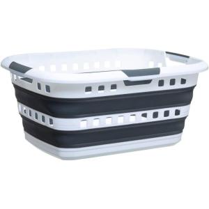 5five – Corbeille à Linge Pliable 45L – 3 Poignées Ergonomiques – Panier à Linge Rectangle Rétractable – Grande Capacité – Gris et Blanc