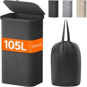 Lifewit – Panier à linge avec couvercle – 105 l – Avec cadre en plastique – Pliable – Trieur à linge – Pour chambre à coucher, salle de bain – Rose(Gris Foncé)