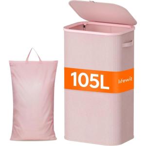 Lifewit – Panier à linge avec couvercle – 105 l – Avec cadre en plastique – Pliable – Trieur à linge – Pour chambre à coucher, salle de bain – Rose(Rose)