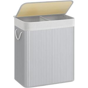 SONGMICS Panier à Linge 100L, Corbeille Linge Sale 2 Compartiments de Tri, Couvercle en Bambou, Poignées, Pliable, Sac Amovible Lavable en Machine, pour Buanderie, Chambre, Blanc LCB64WT(Gris)