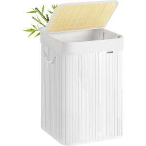 SONGMICS Panier à Linge 100L, Corbeille Linge Sale 2 Compartiments de Tri, Couvercle en Bambou, Poignées, Pliable, Sac Amovible Lavable en Machine, pour Buanderie, Chambre, Blanc LCB64WT(Blanc)