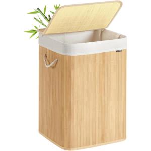 SONGMICS Panier à Linge 100L, Corbeille Linge Sale 2 Compartiments de Tri, Couvercle en Bambou, Poignées, Pliable, Sac Amovible Lavable en Machine, pour Buanderie, Chambre, Blanc LCB64WT(Couleur Boisée)