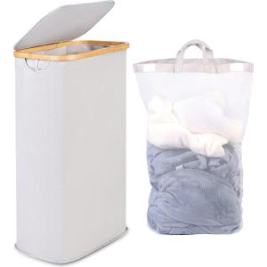 efluky Panier à Linge étroit 63L, Panier à Linge Mince avec Couvercle, Beige Bac à Linge Pliable avec Poignées en Bambou et sac Amovible pour Chambre, Salle de Bain, Buanderie(Gris Clair)