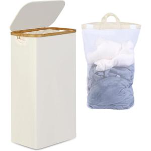 efluky Panier à Linge étroit 63L, Panier à Linge Mince avec Couvercle, Beige Bac à Linge Pliable avec Poignées en Bambou et sac Amovible pour Chambre, Salle de Bain, Buanderie(Beige)