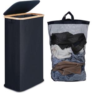 efluky Panier à Linge étroit 63L, Panier à Linge Mince avec Couvercle, Beige Bac à Linge Pliable avec Poignées en Bambou et sac Amovible pour Chambre, Salle de Bain, Buanderie(Noir)