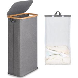 efluky Panier à Linge étroit 63L, Panier à Linge Mince avec Couvercle, Beige Bac à Linge Pliable avec Poignées en Bambou et sac Amovible pour Chambre, Salle de Bain, Buanderie(Gris)