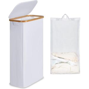 efluky Panier à Linge étroit 63L, Panier à Linge Mince avec Couvercle, Beige Bac à Linge Pliable avec Poignées en Bambou et sac Amovible pour Chambre, Salle de Bain, Buanderie(Blanc)