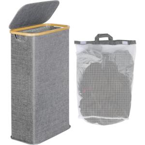 efluky Panier à Linge étroit 63L, Panier à Linge Mince avec Couvercle, Beige Bac à Linge Pliable avec Poignées en Bambou et sac Amovible pour Chambre, Salle de Bain, Buanderie(Gris Bleu)