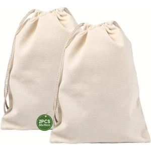 Lot de 2 grands sacs de rangement à linge, 100 % coton, pratiques avec cordon de serrage, lavables, pour linge, voyage, shopping, rangement domestique (50 x 70 cm)