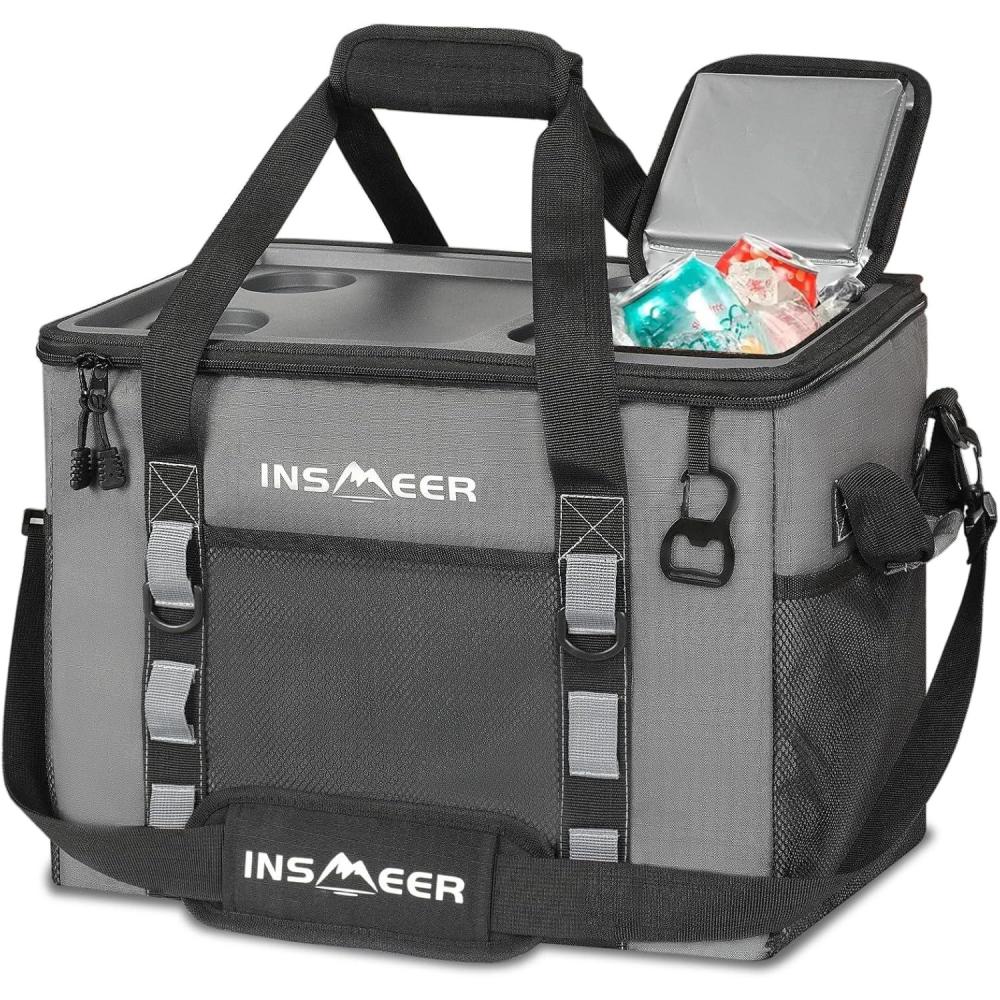 imageINSMEER Sac Isotherme avec Coque Rigide Sac de Grande Capacit Pliable de 40L70 Canettes Isol et tanche avec 2 Portegobelets Suprieurs et Un OuvreBouteille pour Plage PiqueNique Camping
