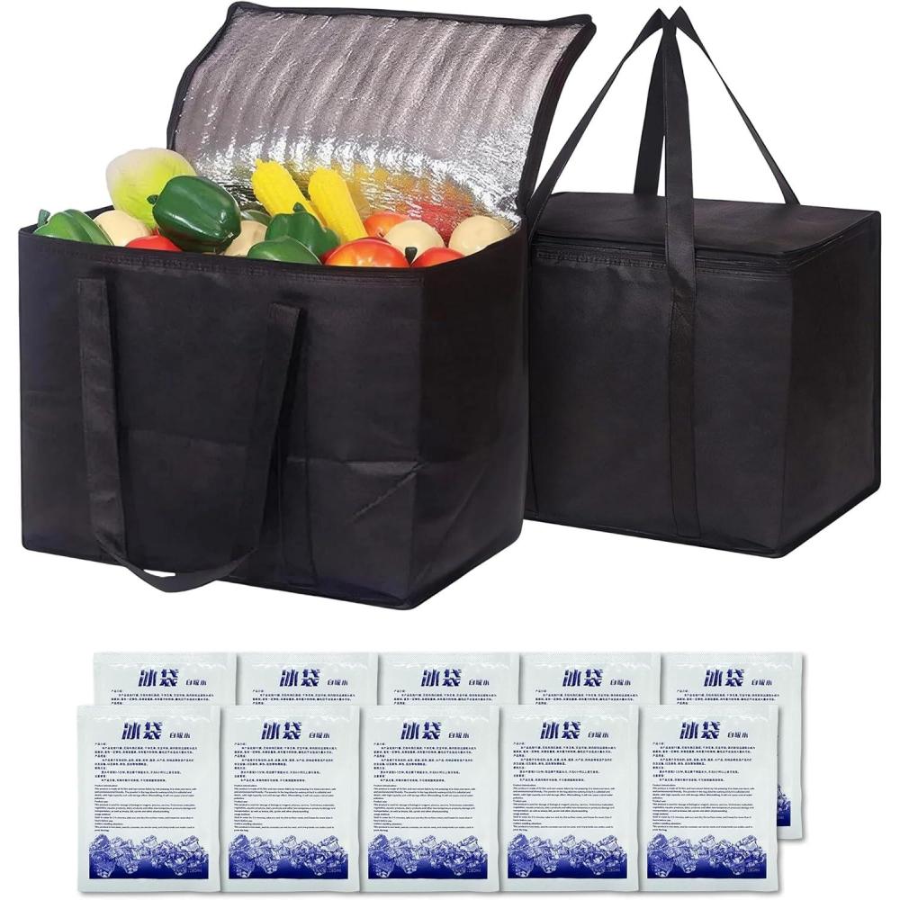 image2 pice Grand Sac Isotherme 40L40L 10 pice banquiseNoir Sac Isotherme Courses41x26x33cmPliable Sacs isothermesglacireCourses surgels