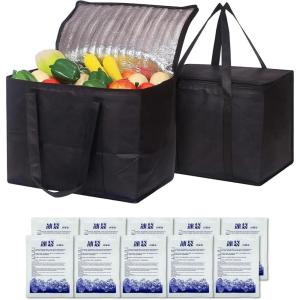 2 pièce Grand Sac Isotherme （40L+40L） + 10 pièce banquise，Noir Sac Isotherme Courses（41x26x33cm），Pliable Sacs isothermes，glacière，Courses surgelés