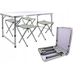 ADGO Ensemble Table Basse Table Touristique + 4 Chaises et Une Valise 120 cm Camping Grill Pique-Nique Tente Champ, Pliable Compact Voyage Imperméable Léger, 1 pièce