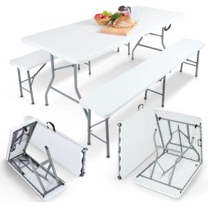 AREBOS Ensemble Table et bancs de Brasserie 3 pièces | Pliables avec poignée | pour intérieur et extérieur | Table de Camping | Blanc(Blanc)