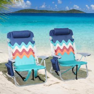LET&rsquo;S CAMP Lot de 2 chaises de Plage Classiques à 4 Positions, Coussin et Bretelles rembourrées, Pochette de Rangement et Barre Tour, supporte 113,4 kg, Vague