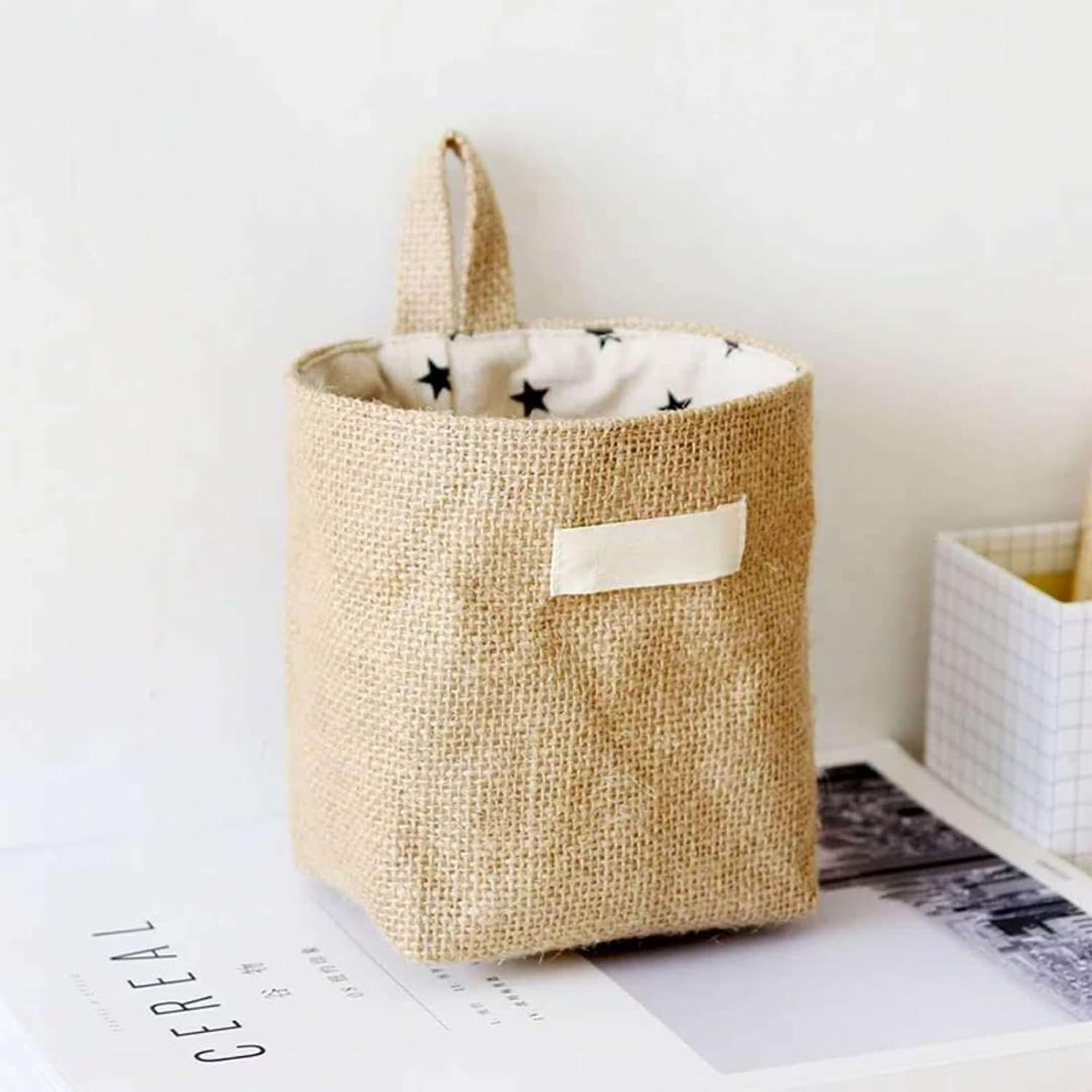 image:image2 Pcs petit panier rangement avec Poigne Paniers de Rangement Bote de Rangement Pliable en Lin Mini Sac De Rangement Suspendu pour peluche Jouets Maquillage Petites Affaires Cls