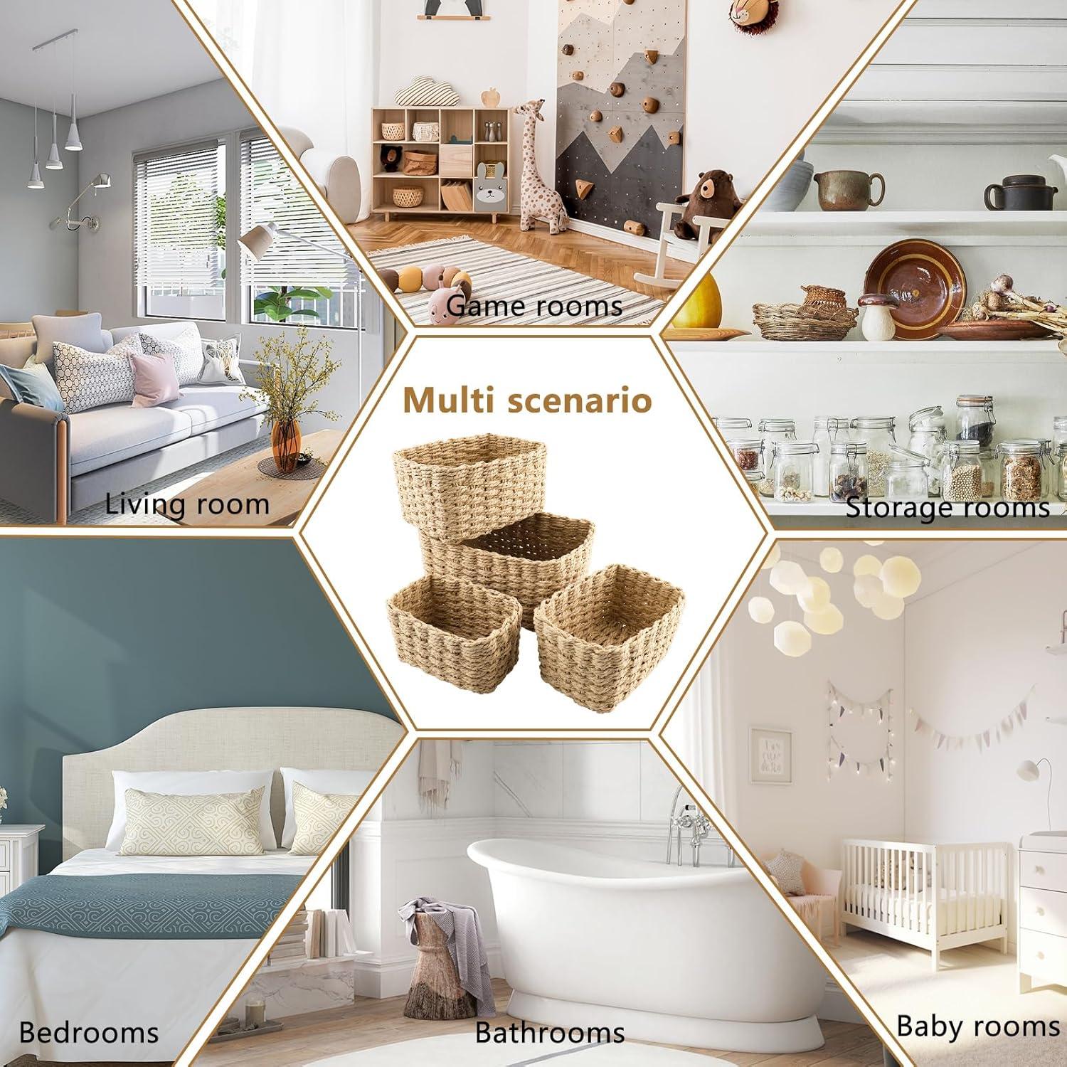 image:imagePanier Rangement Ensemble de 4 Pices Panier de Rangement Empilable Storage Baskets pour Jouets Bb Cosmtique Idal pour une Utilisation Comme de Salle de Bain CuisineBrun Clair