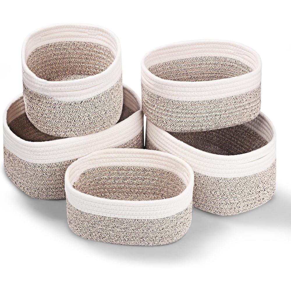 image:imagePanier Rangement Lot de 5 Panier de RangementSalle de Bain Corbeille Enfan Corbeille Rangement pour Salle de Bain Cuisine Organisateur Empilables Usages Multiples Blanc et DsertBlanc et Dsert