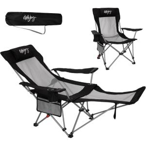 #WEJOY Chaise de camping 2 en 1 pliable 180 kg avec repose-pieds – Chaise de plage avec dossier réglable en 4 positions – Chaise longue avec porte-gobelet – Chaise de camping pour camping et extérieur(Noir)