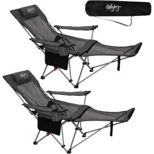 #WEJOY Chaise de camping 2 en 1 pliable 180 kg avec repose-pieds – Chaise de plage avec dossier réglable en 4 positions – Chaise longue avec porte-gobelet – Chaise de camping pour camping et extérieur(Lot de 2 Chaises Grises et Noires)