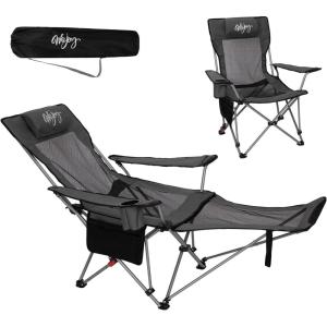 #WEJOY Chaise de camping 2 en 1 pliable 180 kg avec repose-pieds – Chaise de plage avec dossier réglable en 4 positions – Chaise longue avec porte-gobelet – Chaise de camping pour camping et extérieur(Gris/Noir)