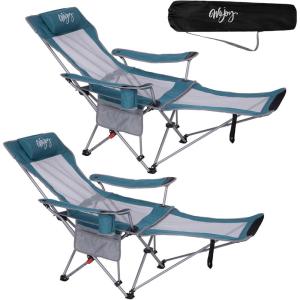 #WEJOY Chaise de camping 2 en 1 pliable 180 kg avec repose-pieds – Chaise de plage avec dossier réglable en 4 positions – Chaise longue avec porte-gobelet – Chaise de camping pour camping et extérieur(Cyan Lot de 2)