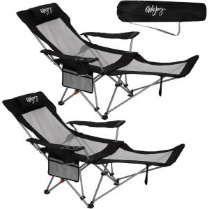 #WEJOY Chaise de camping 2 en 1 pliable 180 kg avec repose-pieds – Chaise de plage avec dossier réglable en 4 positions – Chaise longue avec porte-gobelet – Chaise de camping pour camping et extérieur(Lot de 2 Chaises Noires)