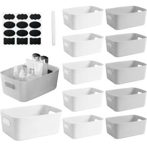 12Pcs Boîte Rangement Plastique 20 x 14 x 6.5 cm Paniers et Boîtes de Rangement Cuisine Petit Panier avec Poignée Empilable Bac Rangement Placard Étroit pour Salle de Bain Bureau Étagère
