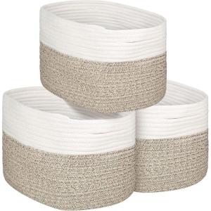 3 Panier Rangement, Corbeille en Coton Tressé, Petits Paniers à Linge, Grand Paniers de Rangement avec Anses Invisible pour Salon, Panier à Jouets pour Chambre d&rsquo;enfant,36x25x22cm,Jute & Blanc(Jute & Mix)