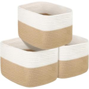 3 Panier Rangement, Corbeille en Coton Tressé, Petits Paniers à Linge, Grand Paniers de Rangement avec Anses Invisible pour Salon, Panier à Jouets pour Chambre d&rsquo;enfant,36x25x22cm,Jute & Blanc(Jute & Blanc)