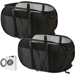 2 PCS Panier à Linge Pliable Pop Up Corbeille à Linge en Maille avec poignée Paniers à Linge en Maille Pliable et Portable pour Chambre à Coucher, Buanderie, Salle de Bain (Gris)(Noir)