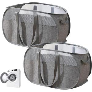 2 PCS Panier à Linge Pliable Pop Up Corbeille à Linge en Maille avec poignée Paniers à Linge en Maille Pliable et Portable pour Chambre à Coucher, Buanderie, Salle de Bain (Gris)(Gris)