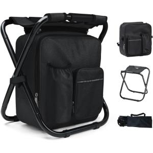 40CM Tabouret Pliable Camping avec Poche de Glacière Amovible, Siege de Peche avec Sac à Dos, Compact et Fonctionnel, Chaise Pliante pour Chasse Pique-Nique, Gris(Noir)