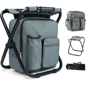40CM Tabouret Pliable Camping avec Poche de Glacière Amovible, Siege de Peche avec Sac à Dos, Compact et Fonctionnel, Chaise Pliante pour Chasse Pique-Nique, Gris(Gris)