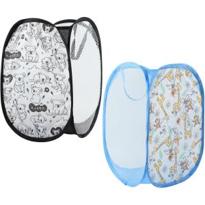 2 Pcs Panier à Linge, Corbeilles à Linge Pliable, Sac à Linge, Panier à Linge Pliable Pop Up avec Manipuler, pour Organiser Chambre denfants, Jouets, Vêtement, 30 x 30 x 48 cm (Noir et Blanc)(Noir  Bleu Ciel)